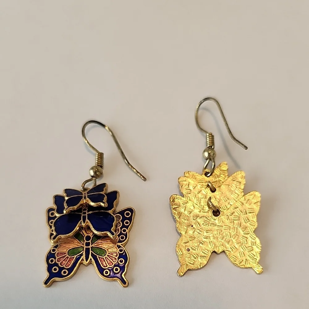 Vintage Unique Cloisonne Triple  Butterfly Earrings Blue And Gold